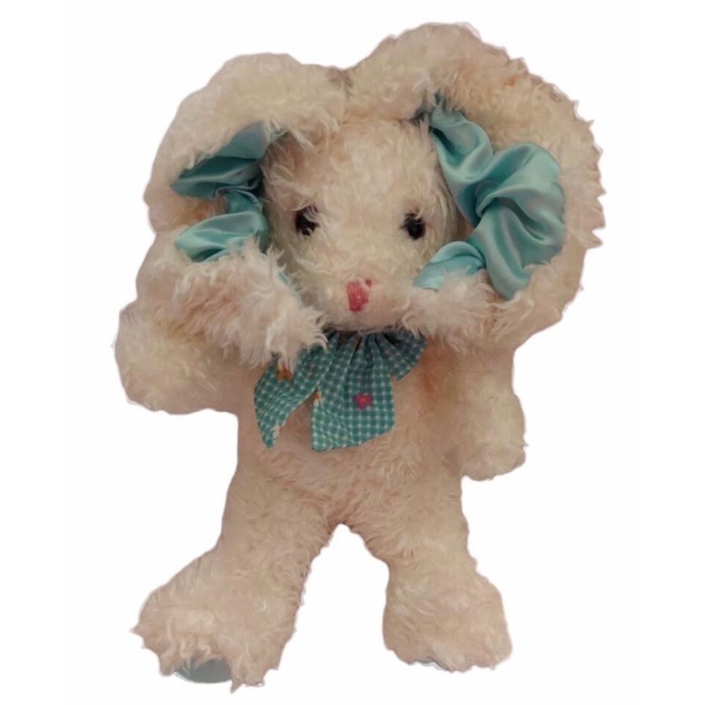 Commonwealth White Green Bunny Plush Curly Bungee Scrunched Satin Ears Lovey 11”